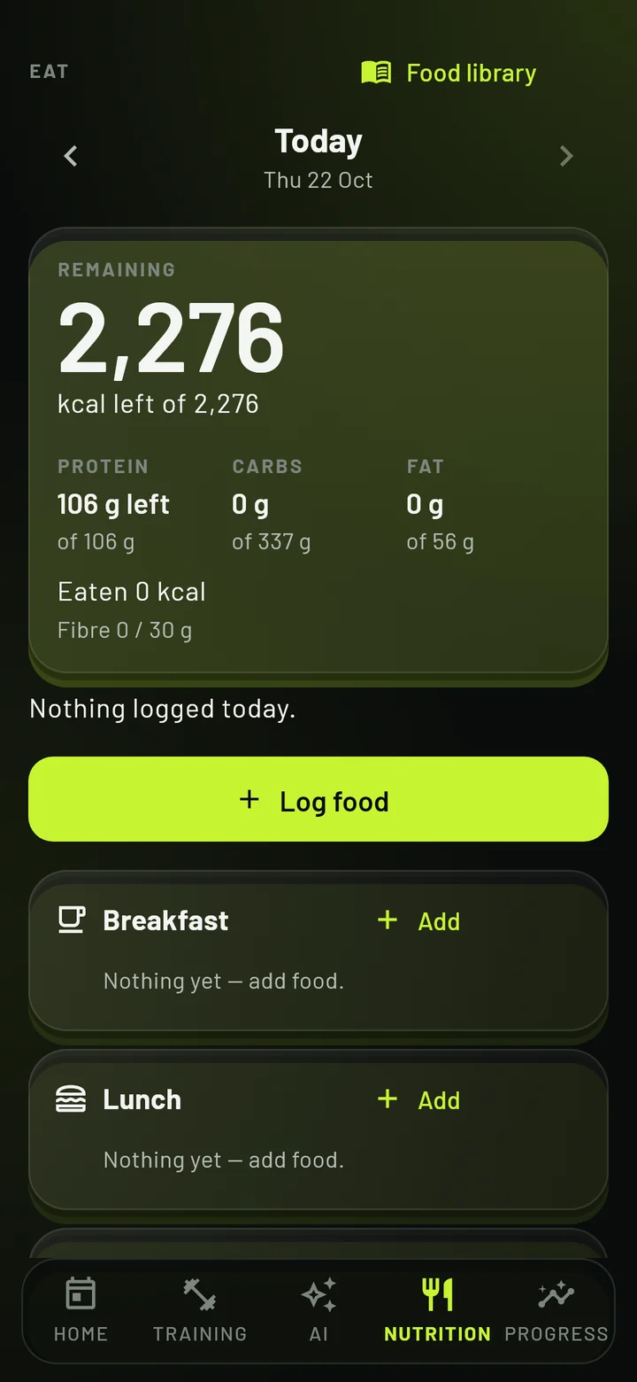 The FITOS Nutrition tab: calories and protein left for the day